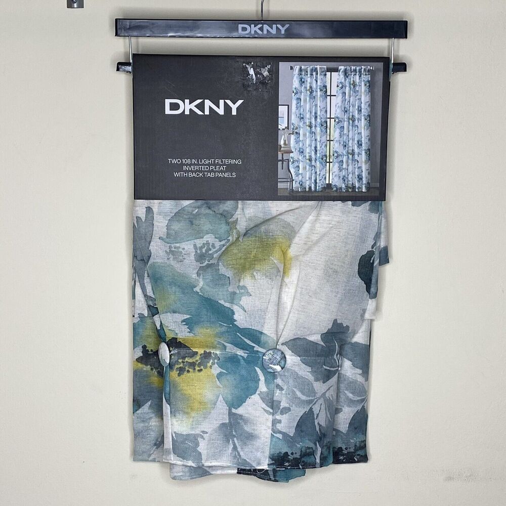 DKNY Aquarelle Window Curtains 2 Panels Inverted Pleat Blue Floral 32 x 108 NEW - Picture 1 of 6
